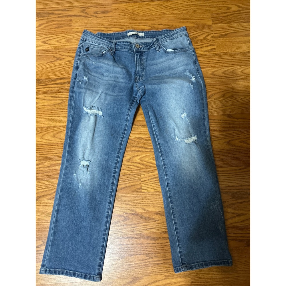 KanCan Distressed Straight Leg Jean Capris Med Wash Blue Denim VBK1221 Size 29